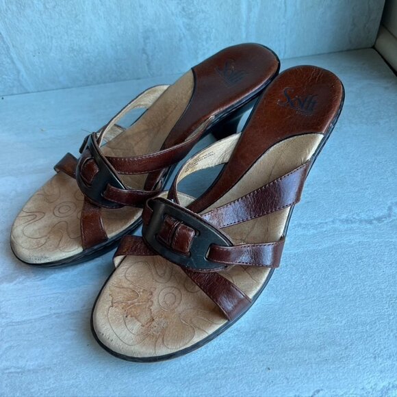 Sofft Brown Leather Kitten Heel Sandals Size 8.5 - Picture 1 of 10